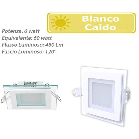 Pannello led slim incasso bordo in vetro quadrato 6 watt luce calda 3000k