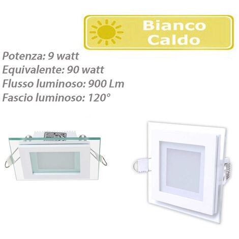 Pannello led slim incasso bordo in vetro quadrato 9 watt luce caldo 3000k