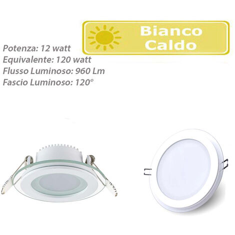 Pannello led slim incasso bordo in vetro tondo 12 watt luce calda 3000k