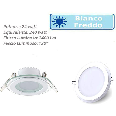Pannello led slim incasso bordo in vetro tondo 24 watt luce bianca 6500k