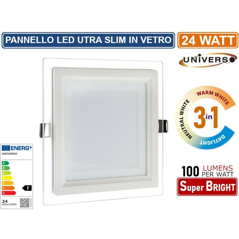 Image of Pannello led slim quadrato da incasso 24W con cornice in vetro 24W 2400 lumen cct 3000K - 4000K - 6500K