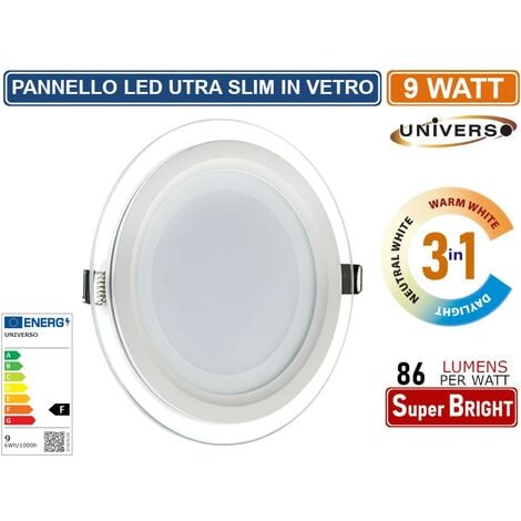 PANNELLO LED SLIM ROTONDO DA INCASSO CON CORNICE IN VETRO 9W 780 LUMEN CCT 3000K - 4000K - 6500K