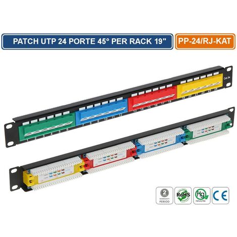 PANNELLO PATCH UTP 24 PORTE 45° PER ARMADIO RACK 19" 1U