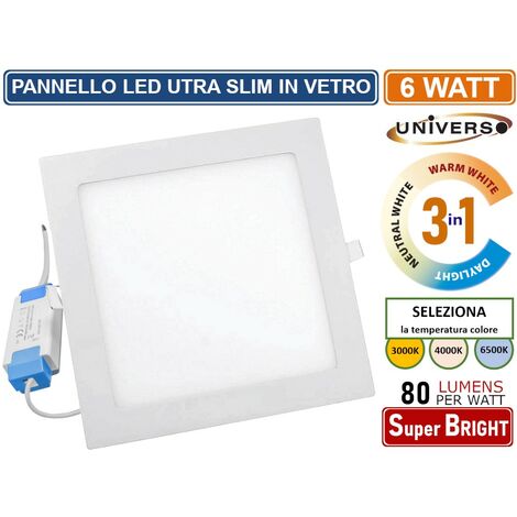 PANNELLO SMD LED QUADRATO DA INCASSO 6W CON DRIVER 480 LUMEN CCT 3000K - 4000K - 6500K SELEZIONABILE