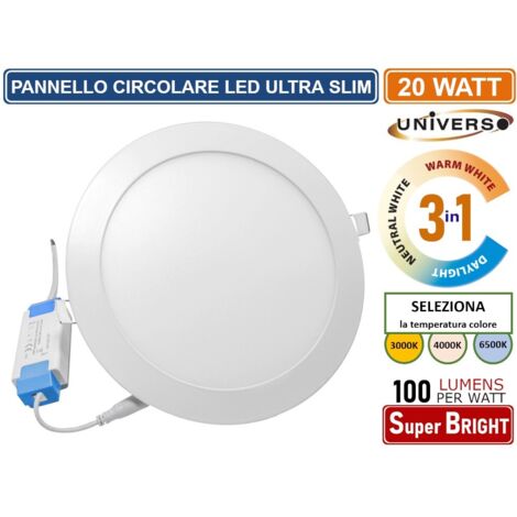 PANNELLO SMD LED ROTONDO DA INCASSO 20W CON DRIVER 2000 LUMEN CCT 3000K - 4000K - 6500K SELEZIONABILE