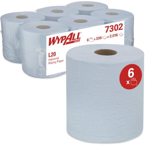 Panno in Carta per la Pulizia Industriale Wypall L20 7302, a Erogazione Centrale, 2 Veli, Colore Azzurro (6 Rotoli X 336 Fogli)