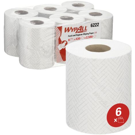 Panno in carta per uso igienico e alimentare WypAll L10 6222 - Panni per la pulizia asciutti a 1 velo - 6 rotoli a dispensazione centrale bianchi x 430 panni di carta (totale 2.580)