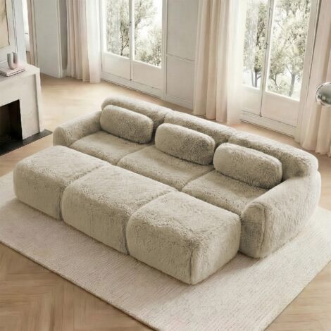 Panorama-Modulsofa mit 3 Ottomane – 291 x 179 x 73 cm – Cloud-Sofa aus Plüschstoff und Kissen – Hellbeige