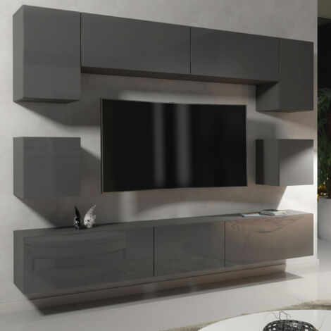 Panorama Wall TV Unit - Dark Grey with Gloss Doors & LED