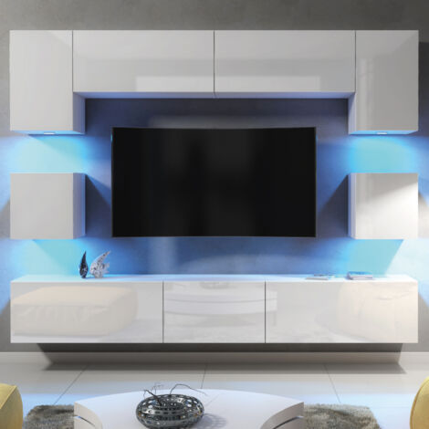 Panorama Wall TV Unit - White with Gloss Doors & LED - 242cm