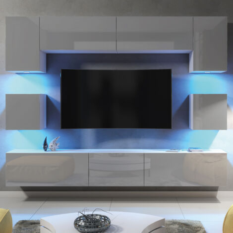 Panorama Wall TV Unit - White with Grey Gloss Doors & LED - 242cm