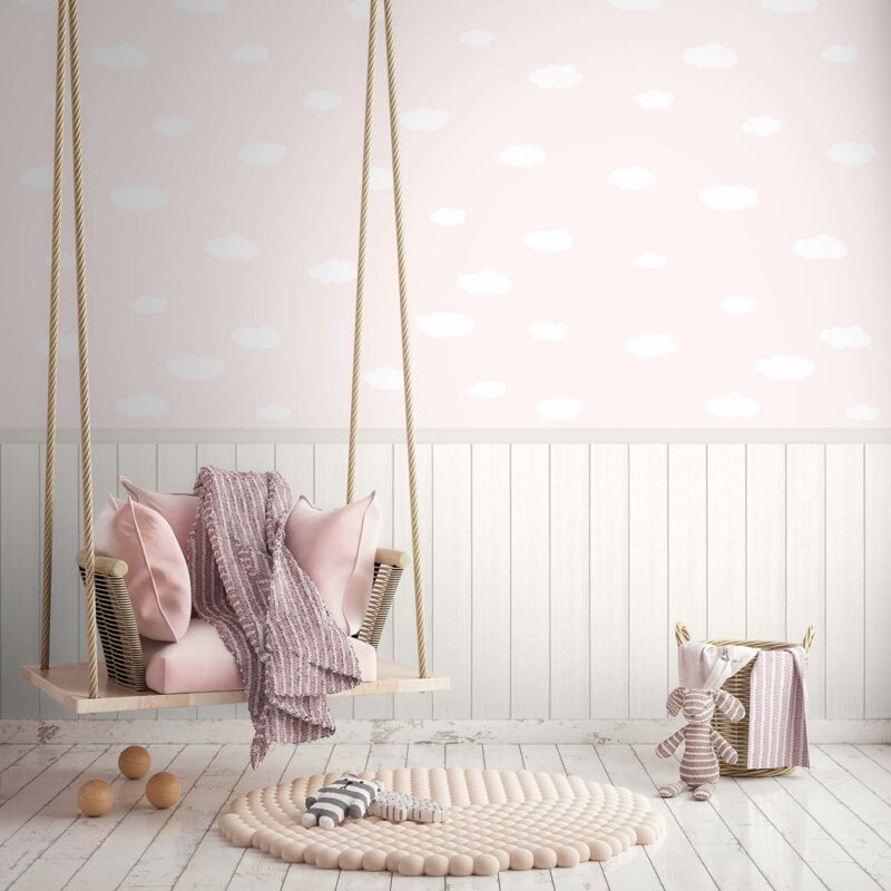 Papier peint nuages en rose pastel Papier peint en Vlies avec motif de nuages en optique lambris, idéal pour chambre de bébé