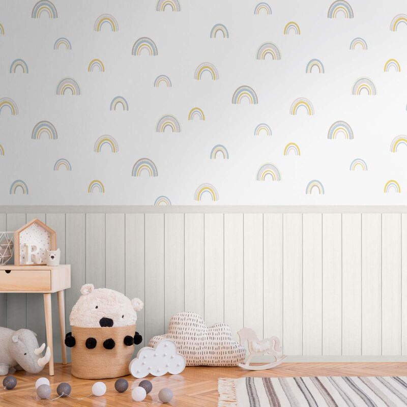 Papier peint avec arc-en-ciel pour chambre de bébé et enfant Papier peint en Vlies avec effet lambris, couleurs pastel pour chambre d'enfant