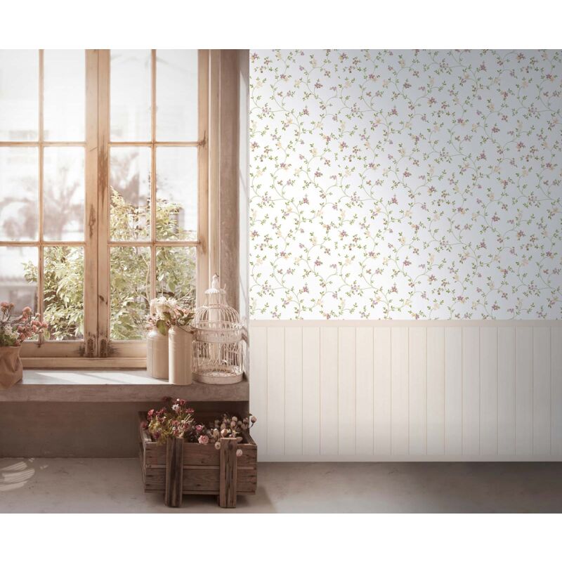 Papier peint à fleurs Papier peint en Vlies floral de style campagne, idéal pour salon, papier peint vintage avec lambris
