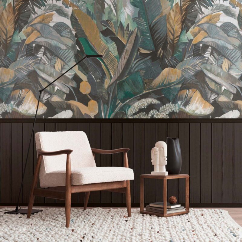 Papier peint jungle avec motif artistique Papier peint en Vlies avec motif de bois, brun et vert, idéal pour salon et bureau