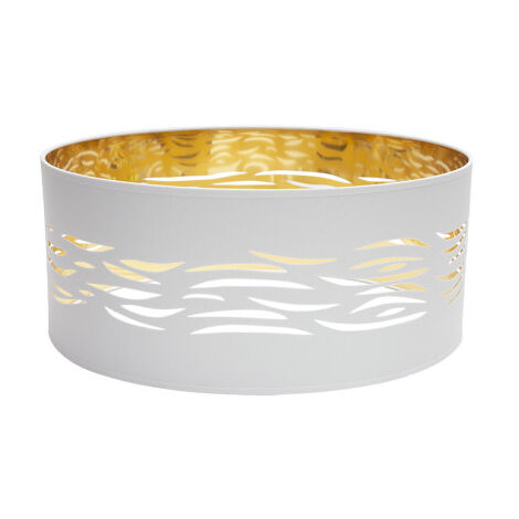 Pantalla colgante Niebla Fabrilamp en blanco y oro con 1xE27, diseño calado textil de 50 cm para interior con luz difusa decorativa