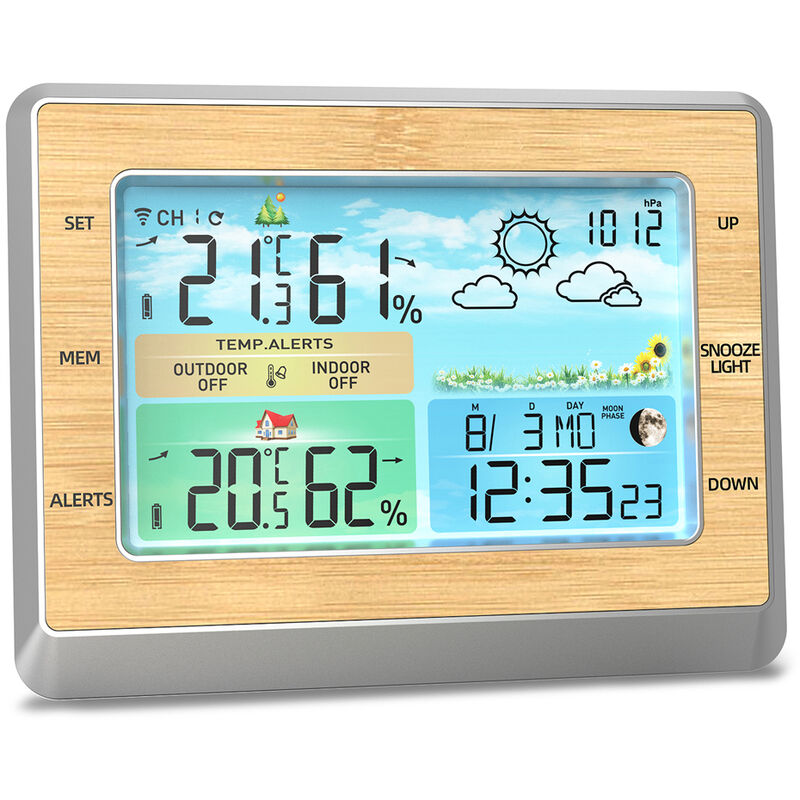 

Pantalla de 5,9 pulgadas Fecha Semana Interior Temperatura exterior Humedad Fase lunar Pronostico del tiempo Retroiluminacion de 4 niveles