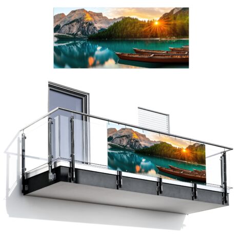 PANTALLA DE PRIVACIDAD PARA BALCÓN Lago - Montañas - Puesta de sol - Barco 200x90