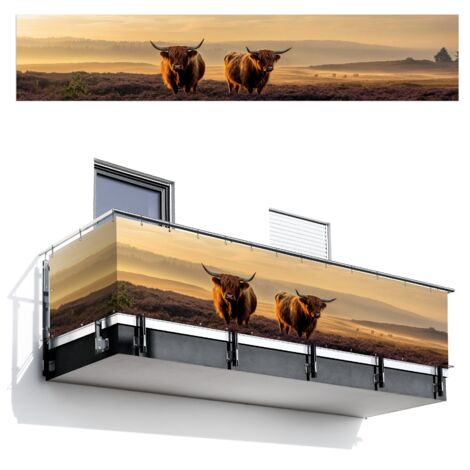 PANTALLA DE PRIVACIDAD PARA BALCÓN Montañeses escoceses - Brezales - Paisaje - Animales 500x100