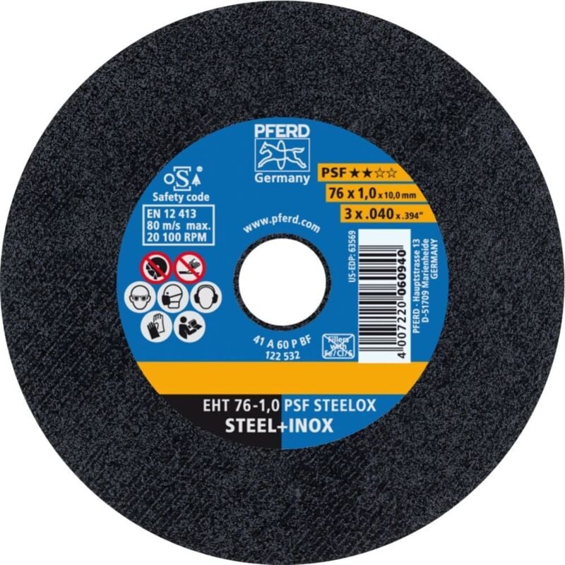 Pferd - Disque à tronçonner psf steelox D.76mm épaisseur disque 1mm corindon a alésage 10mm (Par 25)
