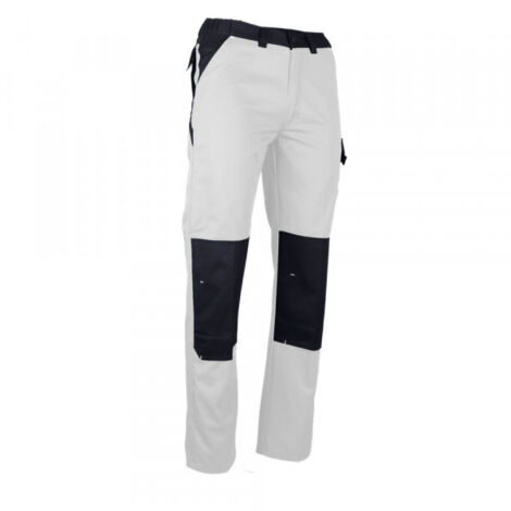 Pantalon bicolore multipoches blanc/gris – Taille 48 – Ceinture élastiquée – Poches genouillères double position – Zéro métal – Lebeurre