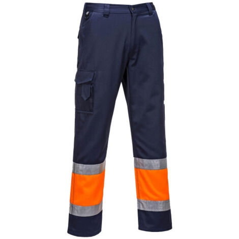 Pantalón Combat bicolor de alta visibilidad de polialgodón con cintas reflectantes Regular E049 M Naranja flúor / Azul marino