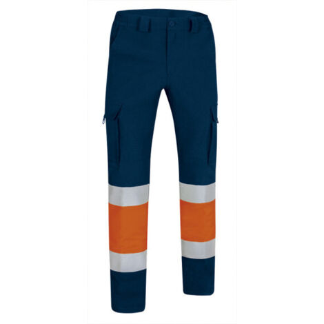 Pantalón de Alta Visibilidad multibolsillos bicolor, cintas reflectantes EN 20471, tejido elástico hidro-repelente RIGEL L Naranja flúor / Azul marino
