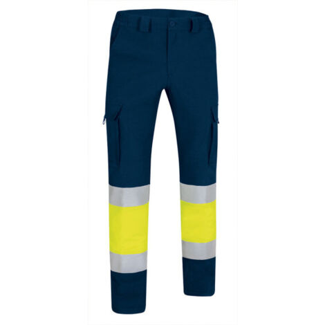 Pantalón de Alta Visibilidad multibolsillos bicolor, cintas reflectantes EN 20471, tejido elástico hidro-repelente RIGEL S Amarillo fluor / Azul marino