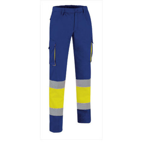 Pantalón de Alta Visibilidad multibolsillos bicolor con cintura elástica y cintas reflectantes EN 20471 de sarga FACTORY L Amarillo flúor / Azulina