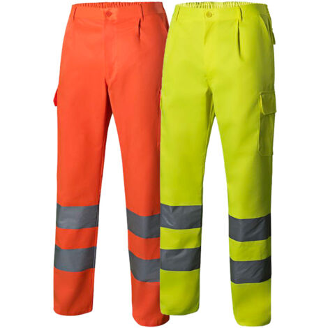 Pantalón multibolsillos de alta visibilidad con cinturilla elástica y botón en tejido sarga VELILLA 303006 L Naranja fluor