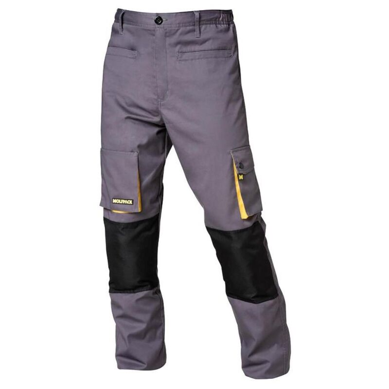 

Pantalones largos detrabajo, multibolsillos, resistentes, rodilla reforzada, gris/amarillo talla 42/44 m