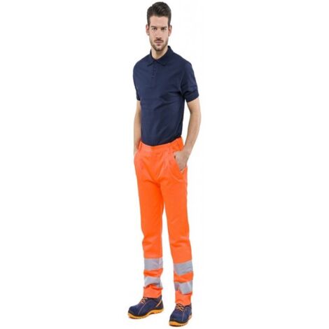 Pantalone in Cotone e Poliestere con Rifrangenti e Tasche - Arancio Fluo M - Arancio