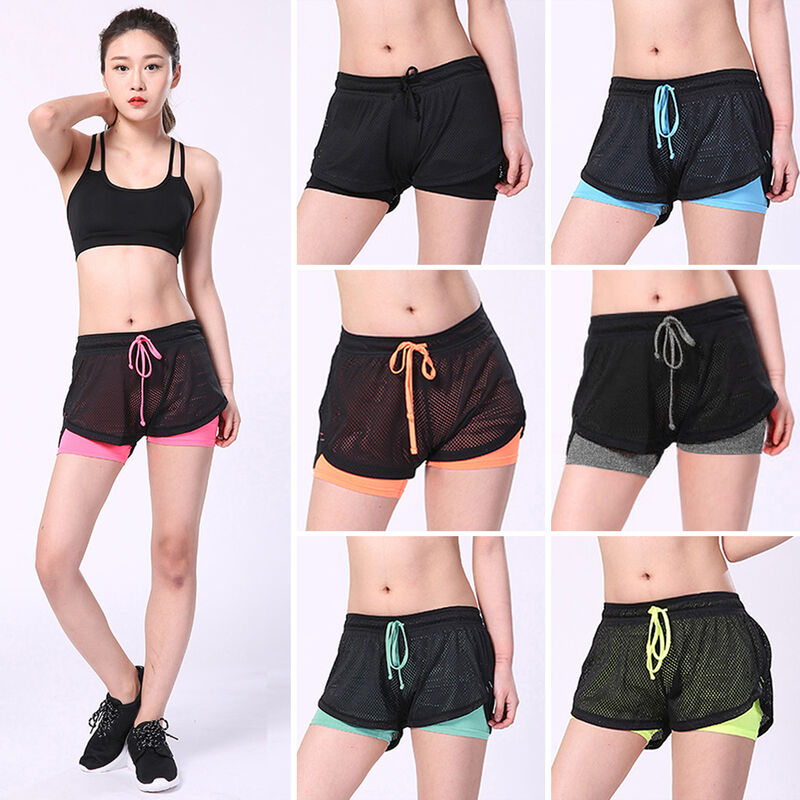 

Pantalones cortos deportivos 2 en 1 para mujer, transpirables, de secado rapido, elasticos, de cintura alta, con cordon, para correr, pantalones