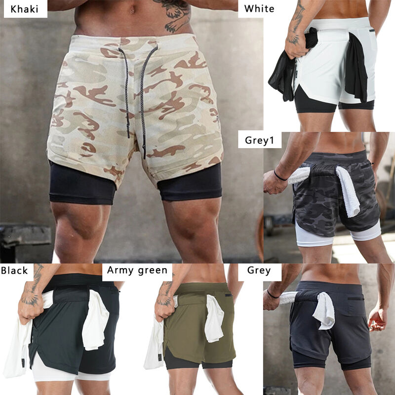 

Pantalones cortos deportivos para hombre, bolsillos de dos capas, lazo para toalla, cordon, entrenamiento, correr, pantalones de gimnasia,Caqui, L