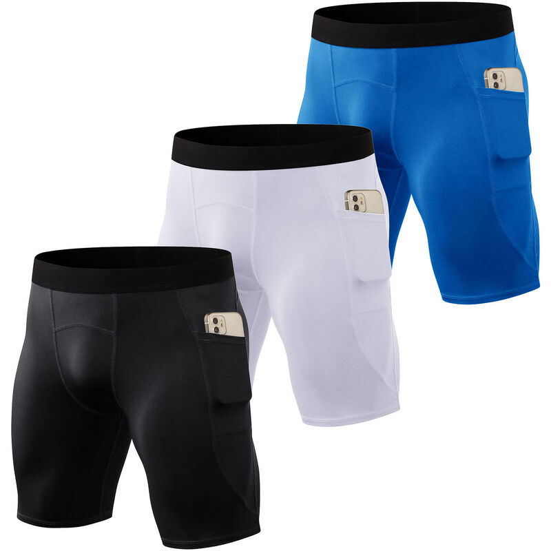 

Asupermall - Pantalones cortos deportivos para hombre, paquete de 3 pares, bolsillos laterales, mallas deportivas de secado rapido, pantalones cortos