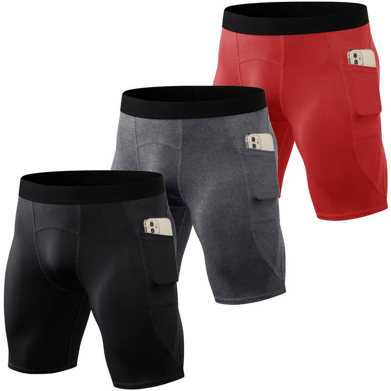 

Asupermall - Pantalones cortos deportivos para hombre, paquete de 3 pares, bolsillos laterales, mallas deportivas de secado rapido, pantalones cortos