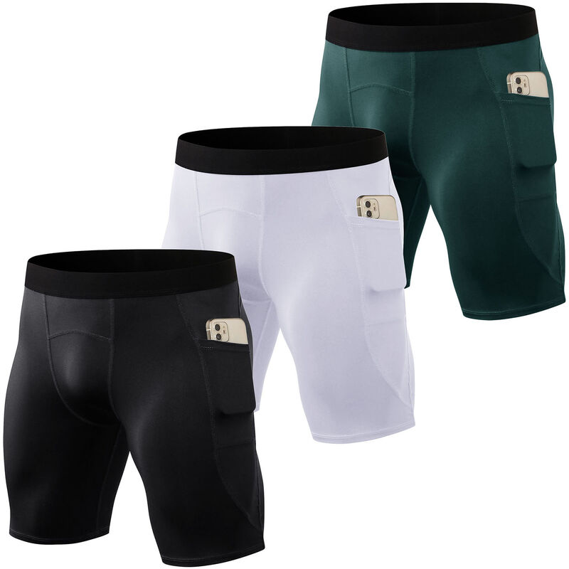 

Asupermall - Pantalones cortos deportivos para hombre, paquete de 3 pares, bolsillos laterales, mallas deportivas de secado rapido, pantalones cortos