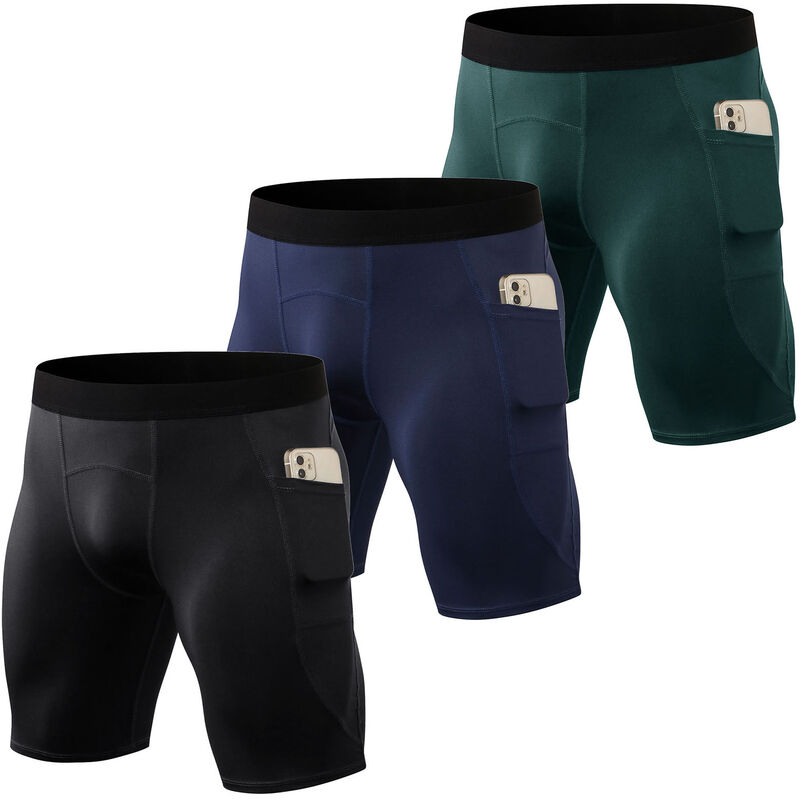 

Asupermall - Pantalones cortos deportivos para hombre, paquete de 3 pares, bolsillos laterales, mallas deportivas de secado rapido, pantalones cortos