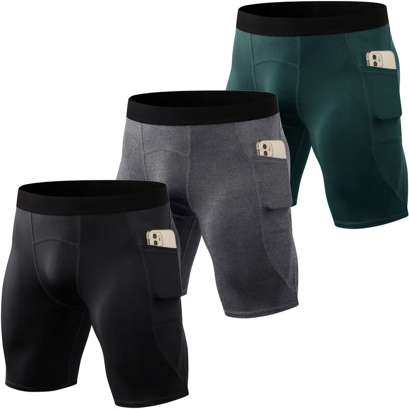 

Asupermall - Pantalones cortos deportivos para hombre, paquete de 3 pares, bolsillos laterales, mallas deportivas de secado rapido, pantalones cortos