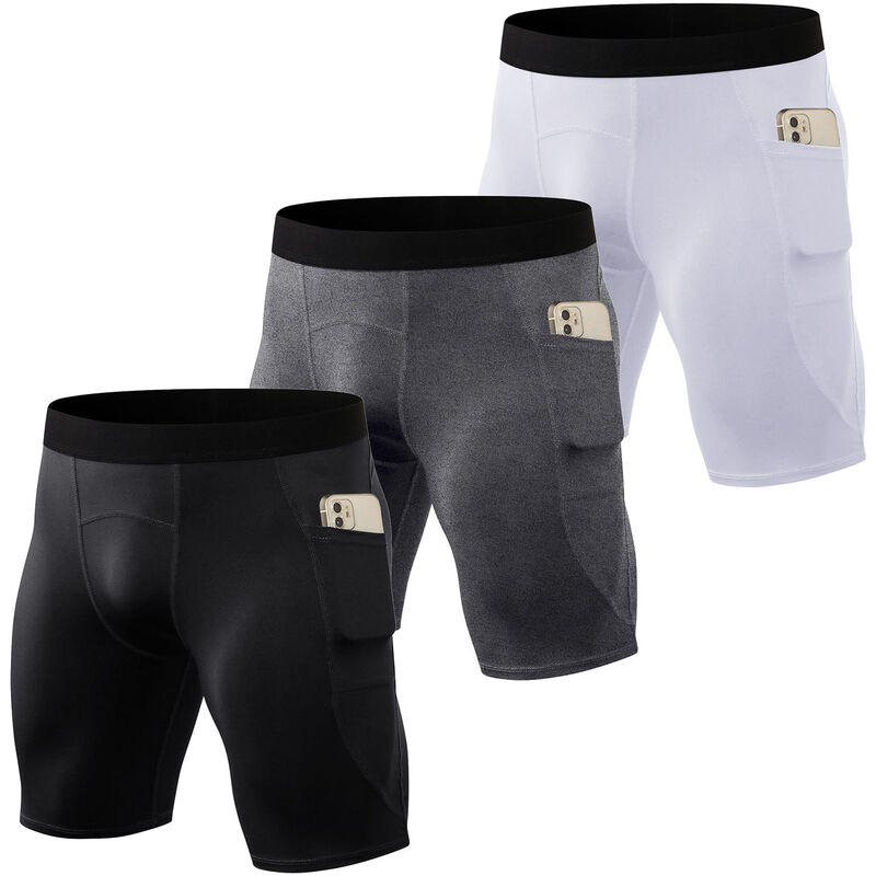 

Asupermall - Pantalones cortos deportivos para hombre, paquete de 3 pares, bolsillos laterales, mallas deportivas de secado rapido, pantalones cortos