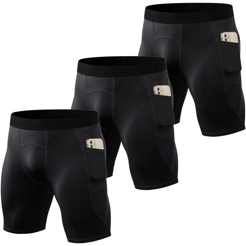 

Asupermall - Pantalones cortos deportivos para hombre, paquete de 3 pares, bolsillos laterales, mallas deportivas de secado rapido, pantalones cortos