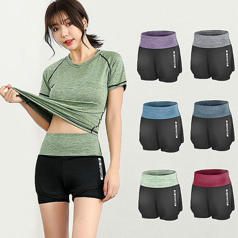 

Pantalones cortos para correr para mujer 2 en 1 Cintura ancha Letras Capa de cobertura Forro interior Descansar Deporte Yoga Leggings Fitness