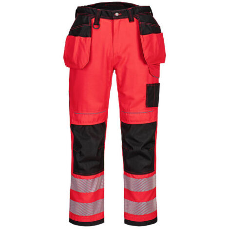 Pantalones de trabajo de alta visibilidad Holster PW3 tiro regular de polialgodón con cintas reflectantes PORTWEST T501 40 pulgadas (talla 50) Rojo/Negro