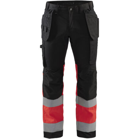Pantaloni da lavoro ad alta visibilità elasticizzati 1558 - Nero/Rosso fluorescente XL - FR(48) - SE(C54) - Corti