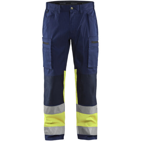 Pantaloni da lavoro ad alta visibilità stretch 1551 - Blu navy/Giallo fluorescente 4XL - FR(58) - SE(C64) - Corti