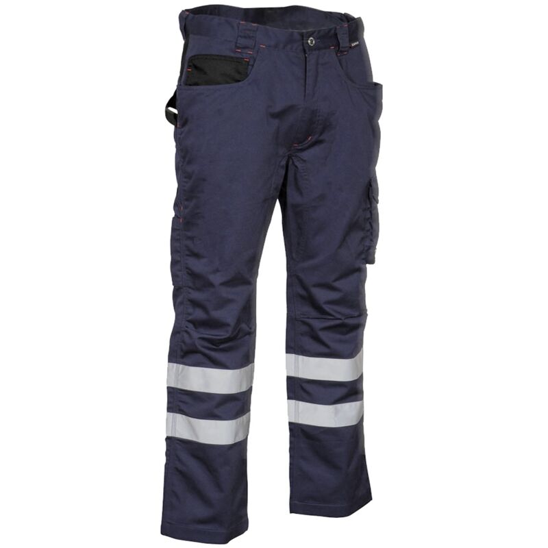 Pantalon de travail Cofra Pincers en polyester et coton marine/noir taille 52 avec 2 bandes re'flexes et poches avant et arrie're pour la