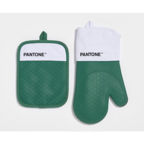 Pantone - Set da Cucina Composto da Guanto da Forno + Presina, in Cotone con Grip Antiscivolo in Silicone - Utili Accessori Cucina Resistenti al Calore fino a 250°C - Bianco/Verde
