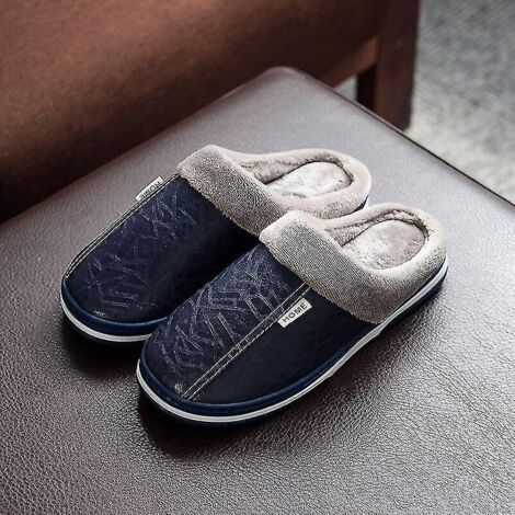 Pantoufles d'intérieur imperméables en cuir PU pour hommes et femmes, grandes tailles, en coton, pour la maison et le jardin - Pointure 44-45 (convient aux pointures 43-44) - Bleu