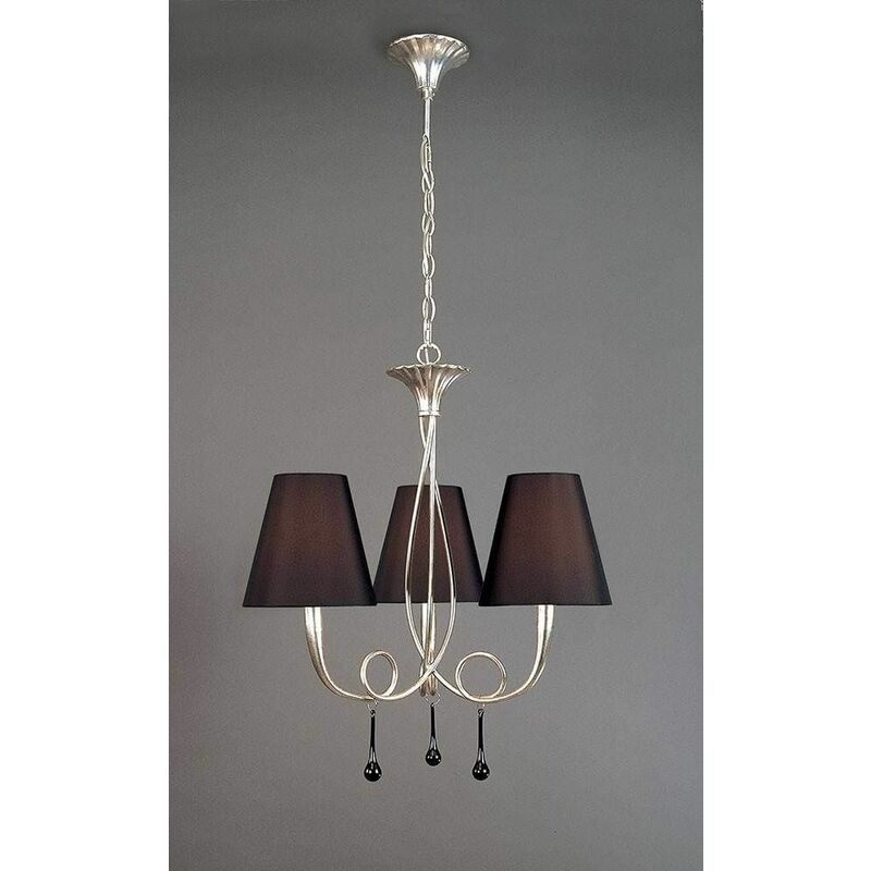 Paola pendant lamp 3 Bulbs E14, silver painted with black lampshades & black glass droplets
