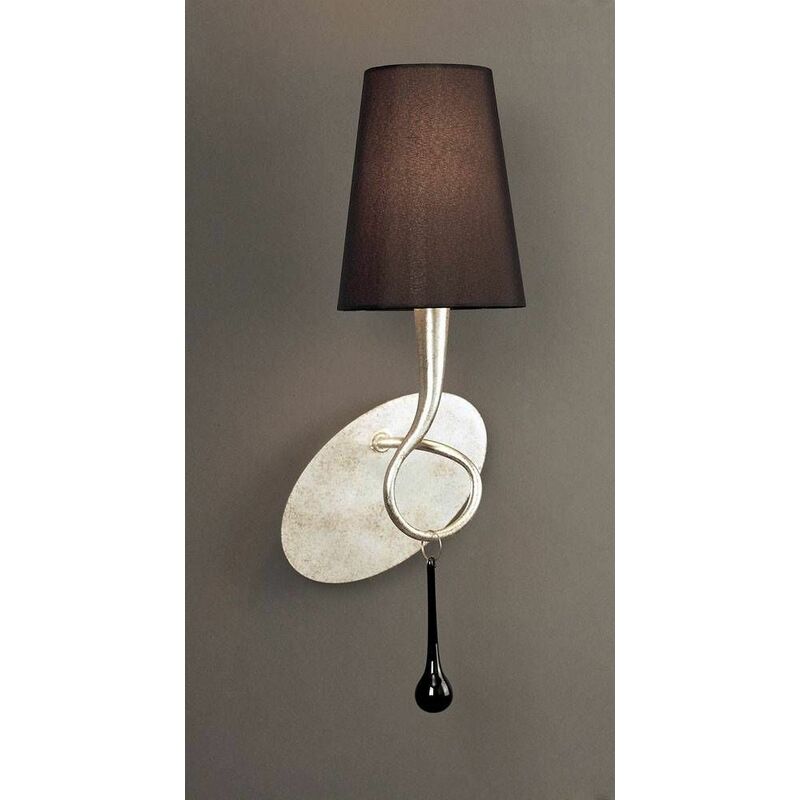 09diyas - Paola wall light with switch 1 Bulb E14, silver painted with black lampshade & black glass droplets